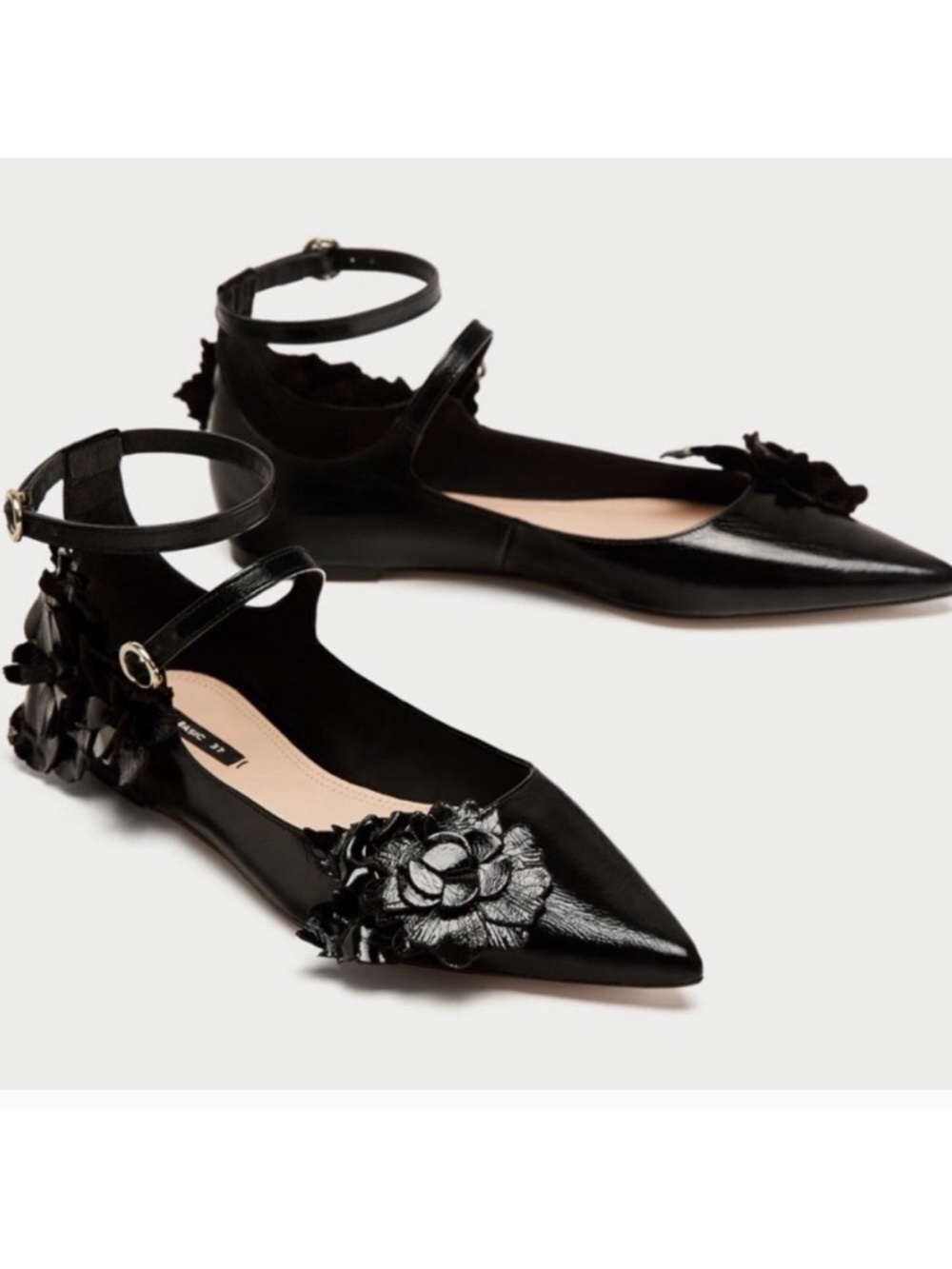 Zara Basic NWT Leather Ballet Flats Floral Pointed Toe Shoes Black 7.5